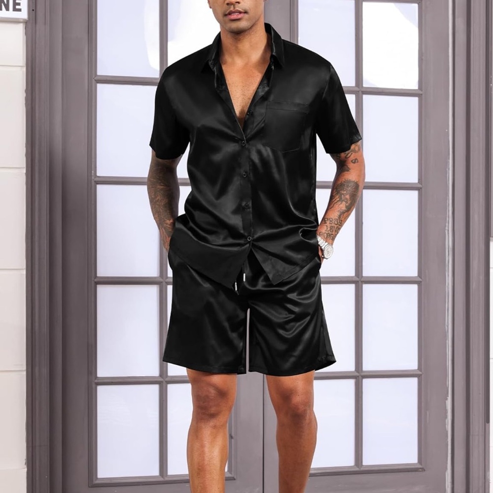 Black Satin Short Sleeve Shirt and Shorts Set